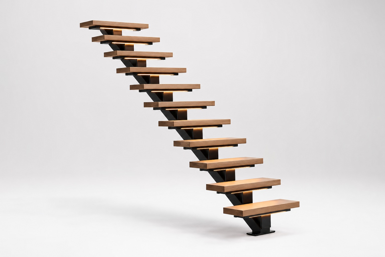 Straight open-riser staircase with wood treads on a black center stringer.